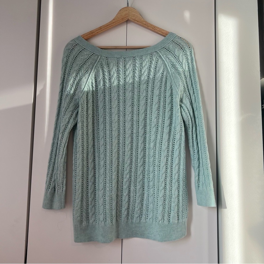 Light Aqua Off-the-Shoulder Cable Knit Sweater